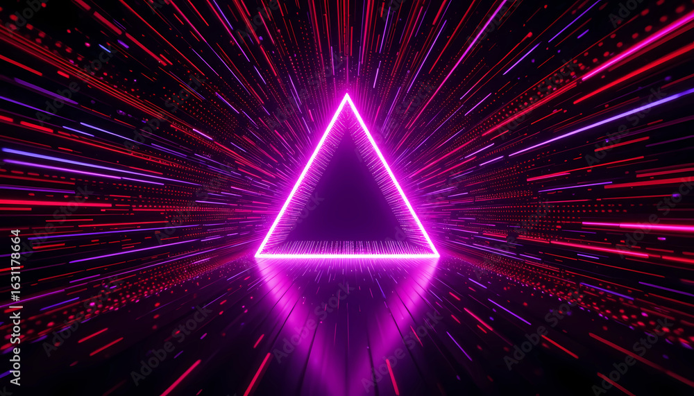 Poster glowing purple triangle portal with light streaks and reflections in a dark space scene rendering