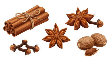 Assortment of aromatic spices: cinnamon sticks, star anise, cloves, nutmeg