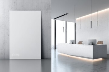 Modern, minimalist lobby with blank poster and reception desk
