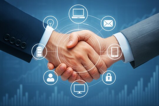 Business handshake with digital technology icons and abstract light background symbolizing modern partnership and innovation in business network.