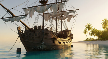 Fototapeta premium Majestic pirate ship anchored near tropical island paradise at golden hour sunset