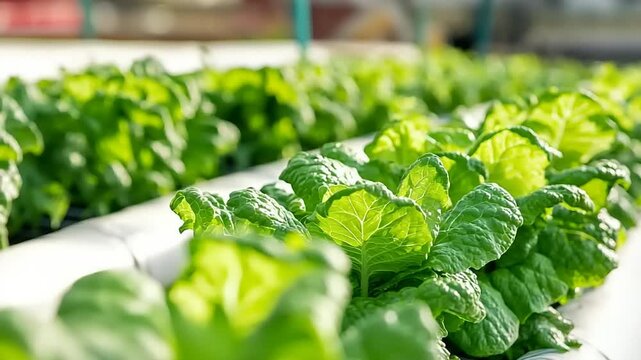 Close-up of vibrant green leafy vegetables growing in rows.