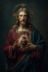 Naklejka premium portrait of Jesus Christ holding the Sacred Heart glowing with divine light. AI generative.