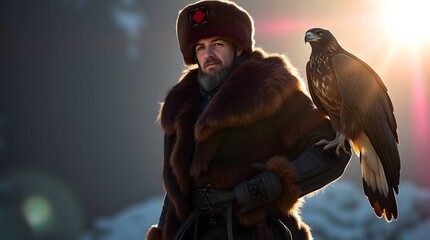 Thoughtful Portrait of an Adult Kazakh Man in Traditional Fur Attire