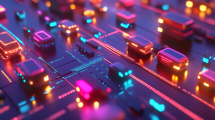 A colorful image of cars and traffic lights. The cars are in different colors and sizes, and the traffic lights are also in different colors. The image has a futuristic and vibrant feel to it