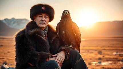 Thoughtful Portrait of an Adult Kazakh Man in Traditional Fur Attire