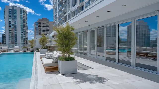 Turquoise Rooftop Pool Surrounded by Modern Architecture and Urban Skyline Under a Bright Blue Sky with White Clouds on a Sunny Day