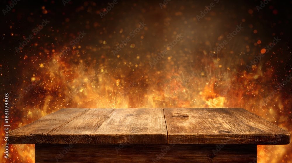 Poster a rustic wooden table is positioned against a vivid backdrop of flames and orange sparks, creating a