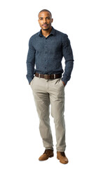 A man standing with hands in pockets wearing a patterned shirt and khaki pants on a transparent background 