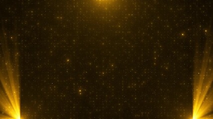 Golden stage glitter animation with glowing particles, spotlight beams, shimmering stars. Luxury light enhances Oscar awards vibe, perfect for party visuals, red carpet celebration, premium event.