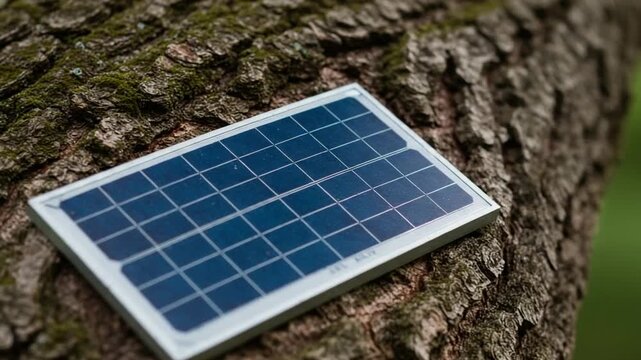 Solar panel mounted on tree bark in natural setting