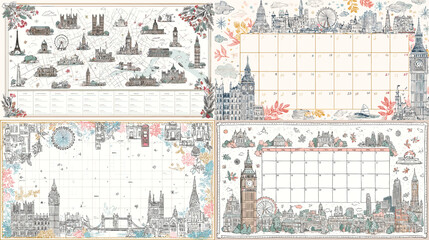 Creative illustrated calendar templates with London landmarks in a hand-drawn style, combining city views and functional space for planning and organizing.