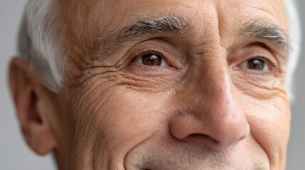 Close-up of the face of an elderly man with gray hair, smiling, with natural wrinkles 