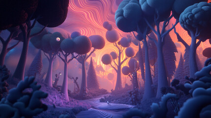 Mystical Forest Sunset Scene. Enchanting forest landscape with vibrant sunset, ideal for fantasy, nature, and environmental themed content.