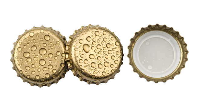 Refreshing golden bottle caps glistening with dew drops evoke crisp beverages perfect for summer advertising and beverage branding campaigns