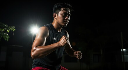 Nighttime Fitness: A Determined Athlete's Powerful Silhouette Under City Lights