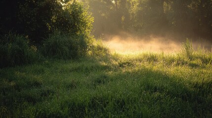Lush green grass field bathed in morning mist.