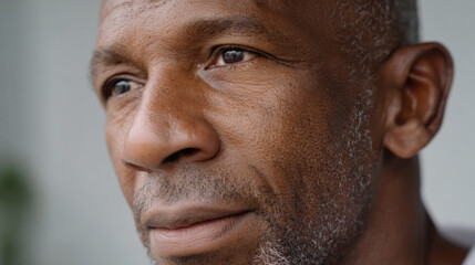 Obraz premium Close-up of the head of an older man of African descent, with characteristic facial features and an expressive gaze. 