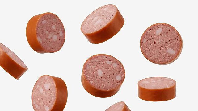 Sliced sausage pieces float against a plain backdrop revealing pink meat with pale chunks in brown casing