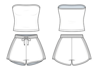Tube Top and Shorts Co-Ord Set Technical Fashion Illustration. Strapless Bandeau Crop Top with Drawstring Shorts vector template. Front and Back View. Minimalist Women&rsquo;s Summer Outfit. CAD Mockup set.