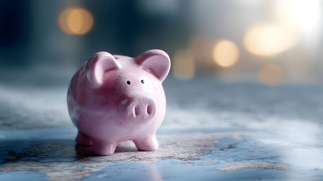Piggy bank on global map background with lighting