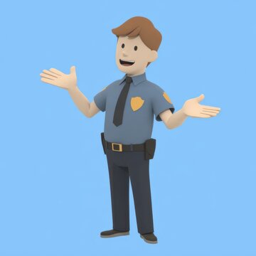 recommend clip art: Cartoon Police Officer with Outstretched Arms in Blue Uniform and Light Background
