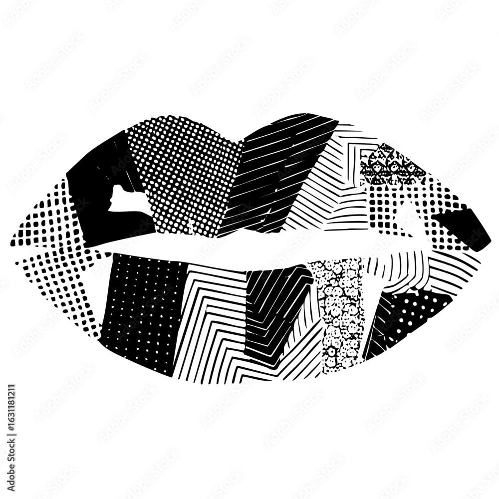Poster vector abstract patterned lips with geometric shapes.