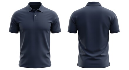 Men's dark navy polo shirt mockup with front and back views. Blank collared t-shirt template for apparel branding and design isolated on a white background.