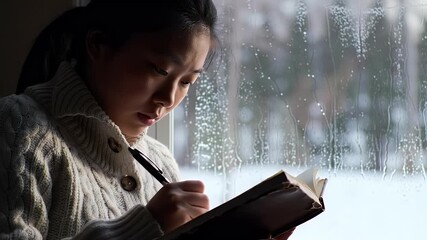 Young girl reading notebook by rainy window with droplets on glass in cozy indoor setting