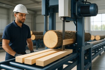 Worker operating industrial sawmill machine cutting logs into planks in a bright factory background with focus on wood processing industry. Ai generative