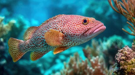 Fototapeta premium A vibrant fish with orange spots gracefully navigates a coral reef in clear blue waters. Sunlight filters through the surface, enhancing the underwater colors.