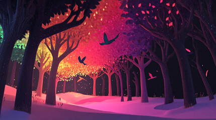Colorful Fantasy Forest at Dusk with Vibrant Trees, Glowing Canopy, and Silhouetted Birds in Flight, evoking emotions of peace, wonder, and otherworldly beauty.