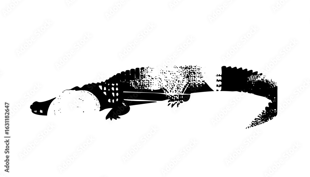 Poster vector stylized alligator with textured scales and dynamic tail.