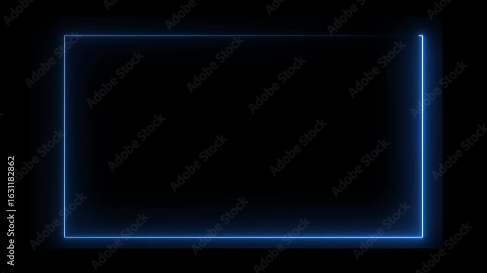 Poster neon rectangular outline against the black background creates a striking visual effect, emphasizing 