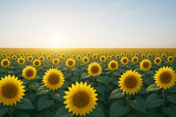 Obraz premium Vast sunflower field landscape under soft sunlight with vibrant yellow blooms stretching to the horizon in a peaceful rural background scene. Ai generative