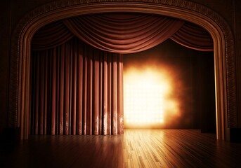 Elegant theatre stage adorned with velvet curtains and warm ambient lighting creates a nostalgic