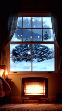Snow falling outside a cozy home window with frost and icicles in a winter evening scene