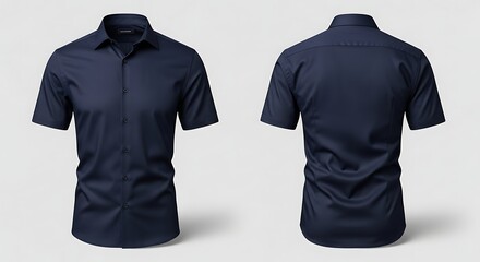 Men's dark navy blue short-sleeve button-down shirt mockup. Front and back view isolated on a plain background.