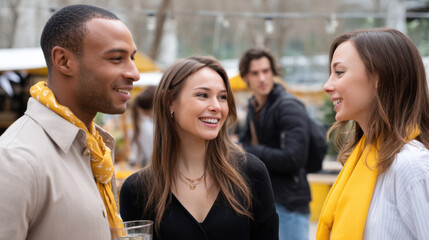 Obraz premium Group of young professionals from different cultures talking and laughing at a street food festival. 