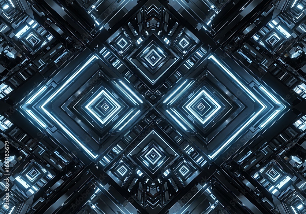 Poster geometric abstraction with repeating square elements and ethereal blue illumination