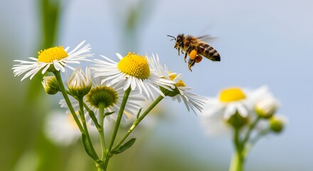 Honeybee in Flight Pollinating White and Yellow Daisies on a Sunny Day