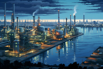 Naklejka premium The Oil storage tank and oil Refining and Petrochemical Industries plant in twilight time.
