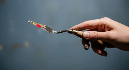 Hand holding palette knife with vibrant colors ready for painting a masterpiece in a creative studio