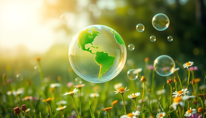 Green energy concept with soap bubbles shaped like Earth and leaves, floating over wildflowers in a meadow, sunlight glow 2