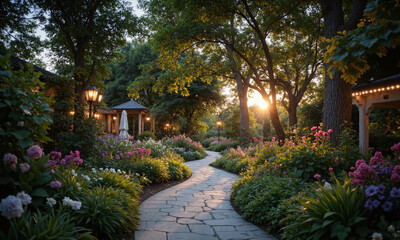 Obraz premium A lush garden with vibrant flowers, a stone pathway, and delicate fairy lights twinkling in the twilight A magical garden