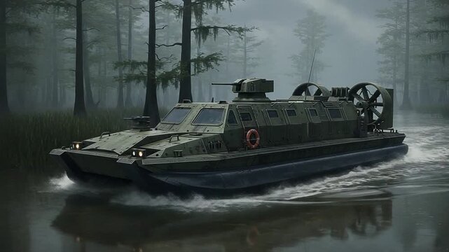 Military hovercraft navigating through misty wetlands