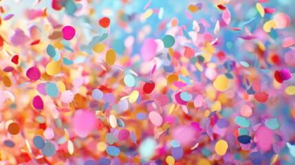 Multicolored confetti fills the air in a lively celebration, reflecting a joyful spirit. The small circular pieces scatter widely, enhancing the festive mood and creating a dazzling sight.