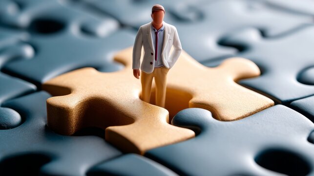 Solving the Puzzle: A miniature figure stands atop a puzzle piece, symbolizing the solution to a problem, strategic thinking, and the successful completion of complex tasks - Powered by Adobe