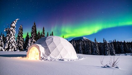 igloo in snowy landscape under northern lights