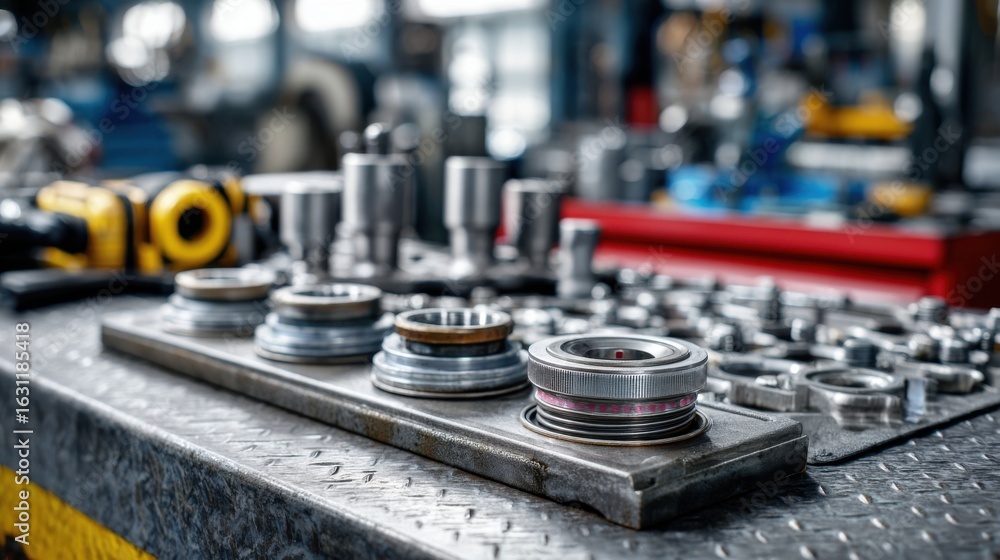 Poster different mechanical components and precision tools are meticulously arranged on a metallic workbenc